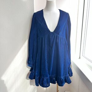 Estella Velvet Long Sleeve Mini Dress Blue Navy XS Ruffle Hem NWOT Boho Flowy